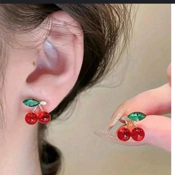Jewelry - Red Cherry Stud Earrings Cute & Simple Design with Sparkling Rhinestones.